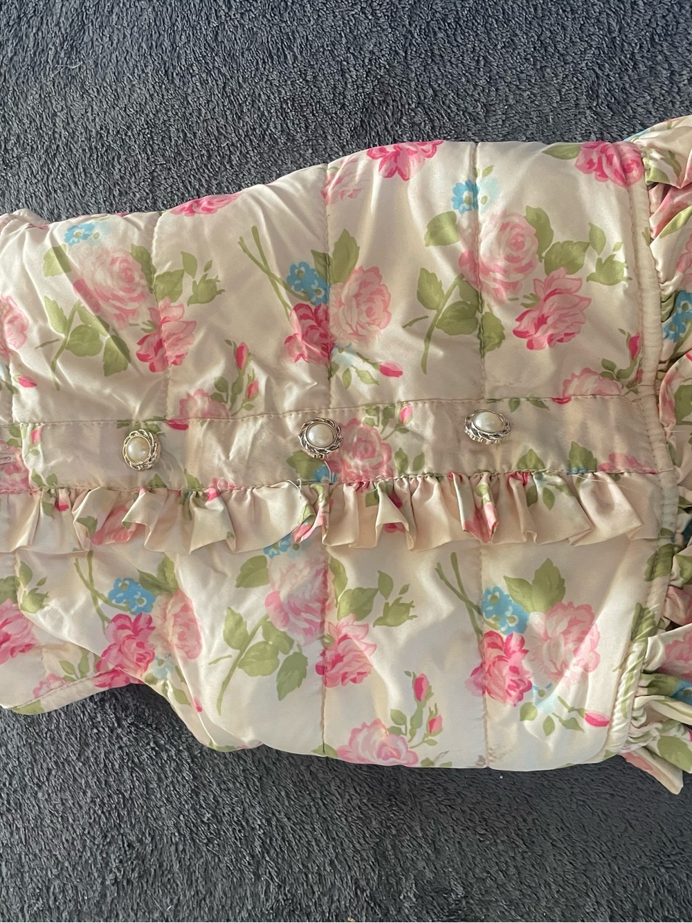 Girls Cream Floral Ruffle Coat with Pink Roses